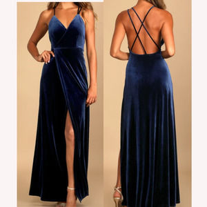 LULU'S SZ S Whimsical Romance Dark Blue Velvet Faux-Wrap Maxi Dress NEW B38
